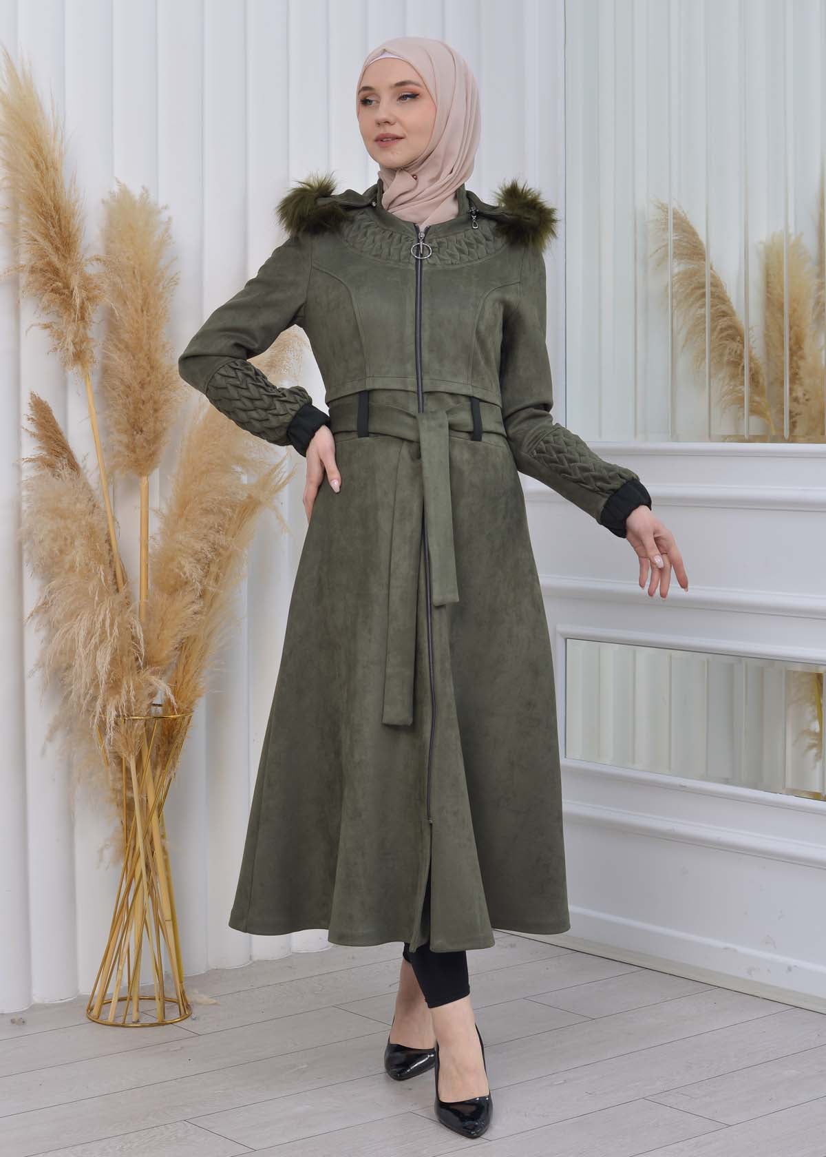 Suede Trenchcoat mit Plissee-Details 1316 - Khaki