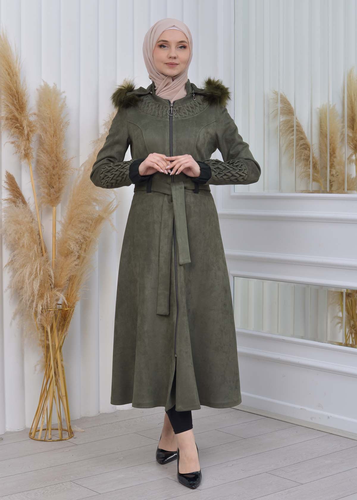 Suede Trenchcoat mit Plissee-Details 1316 - Khaki