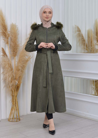 Suede Trenchcoat mit Plissee-Details 1316 - Khaki