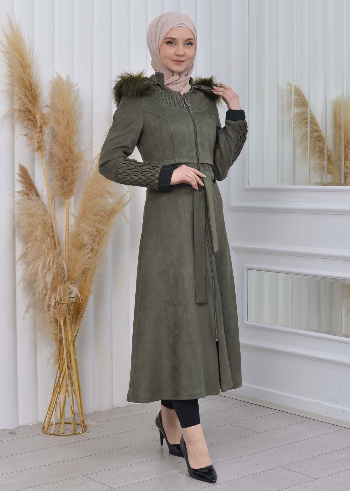 Suede Trenchcoat mit Plissee-Details 1316 - Khaki