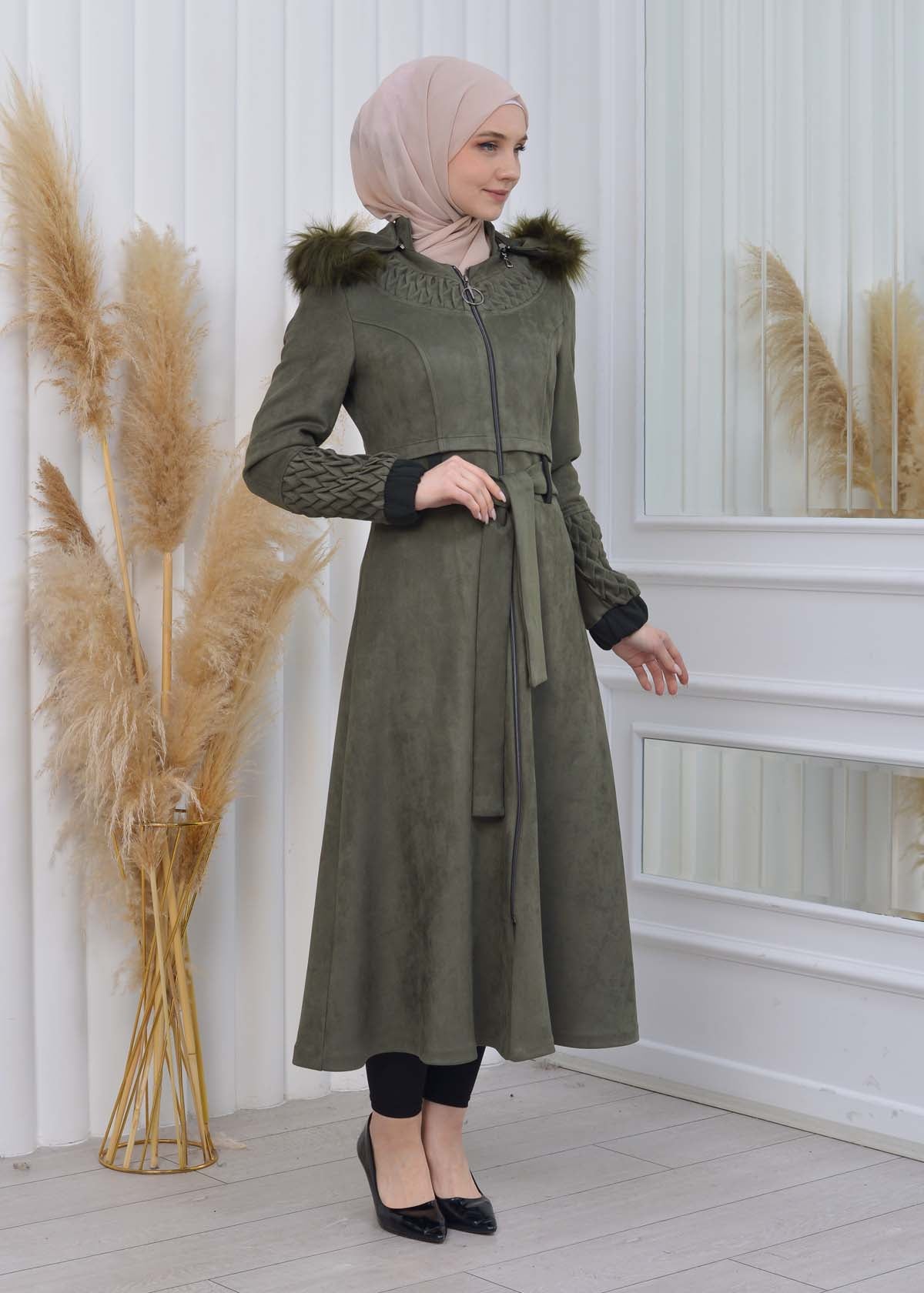 Suede Trenchcoat mit Plissee-Details 1316 - Khaki