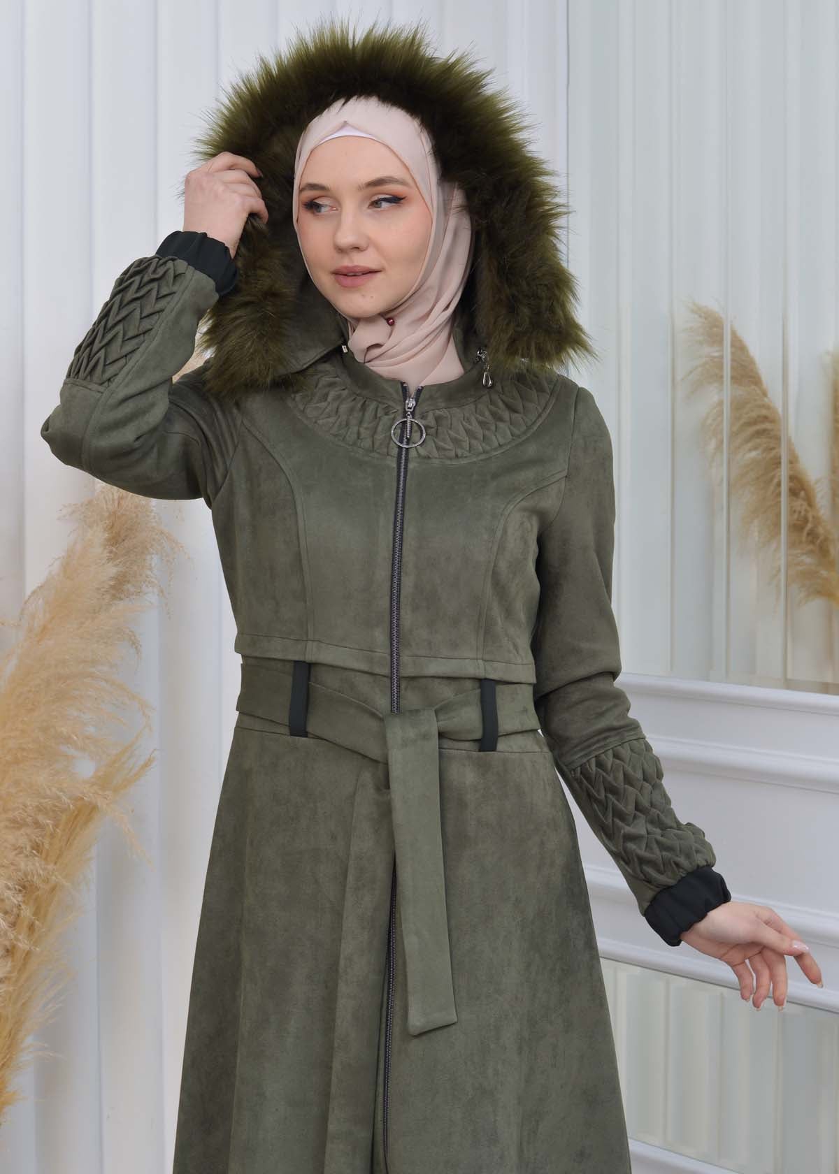 Suede Trenchcoat mit Plissee-Details 1316 - Khaki