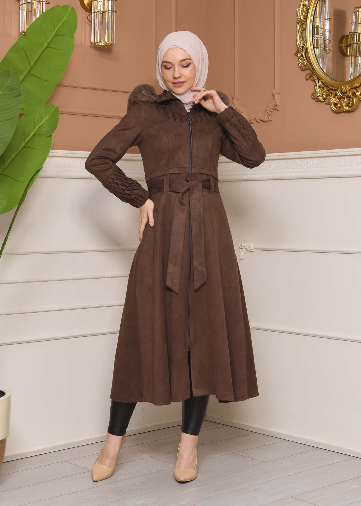 Suede Trenchcoat mit Plissee-Details 1316 - Aubergine