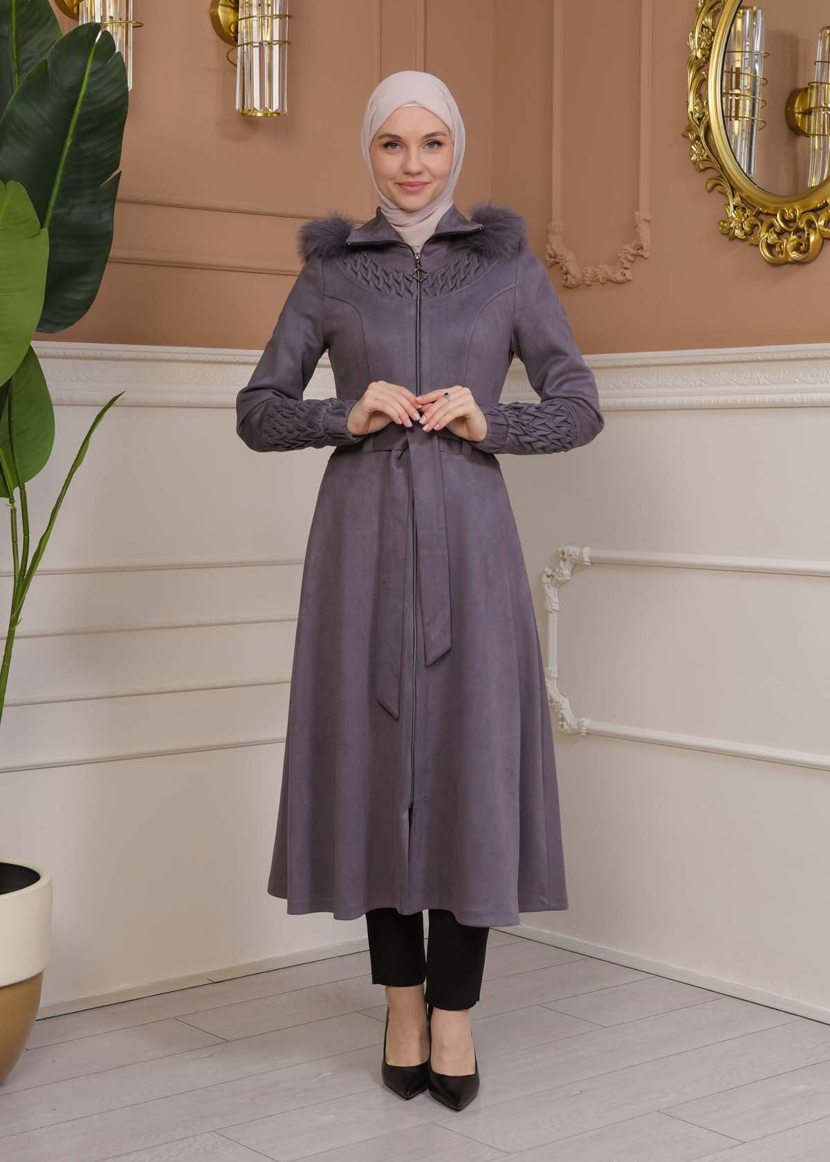 Suede Trenchcoat mit Plissee-Details 1316 - Grau