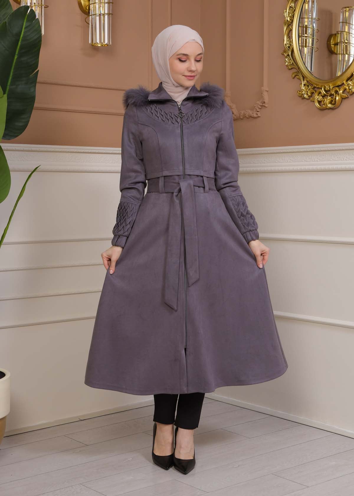 Suede Trenchcoat mit Plissee-Details 1316 - Grau