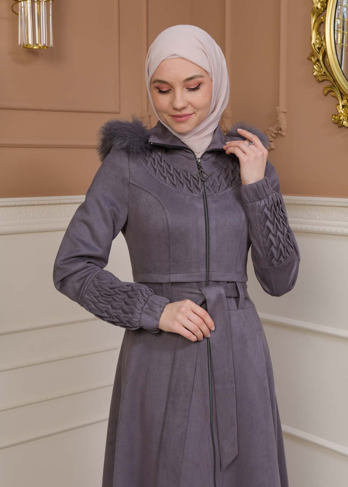 Suede Trenchcoat mit Plissee-Details 1316 - Grau