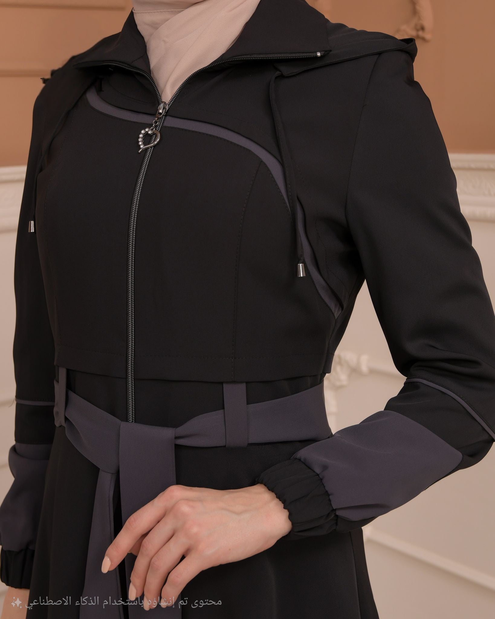 Eleganter brada-Manto mit Satinfutter und abnehmbarer Kapuze 1234 - Schwarz