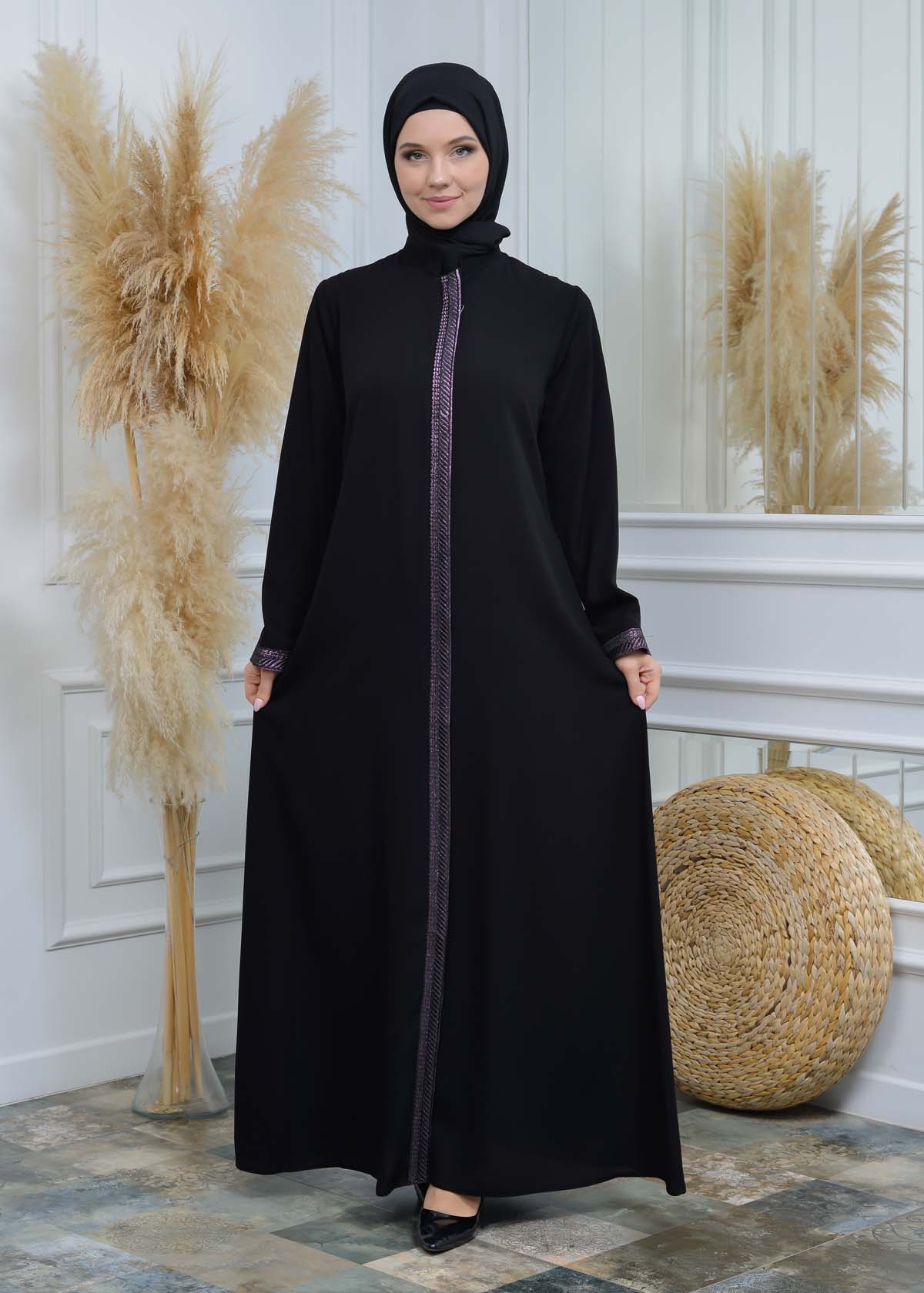 women Rounded Collar  Abaya of Rose Rise fabric 561 - Lila