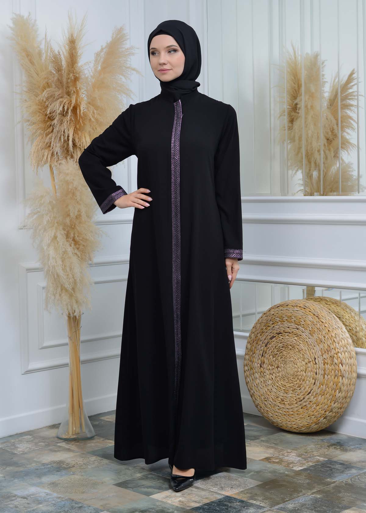 women Rounded Collar  Abaya of Rose Rise fabric 561 - Lila