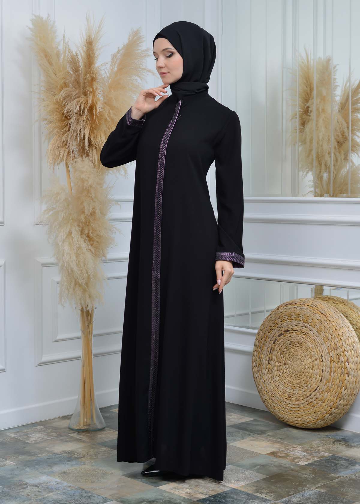 women Rounded Collar  Abaya of Rose Rise fabric 561 - Lila