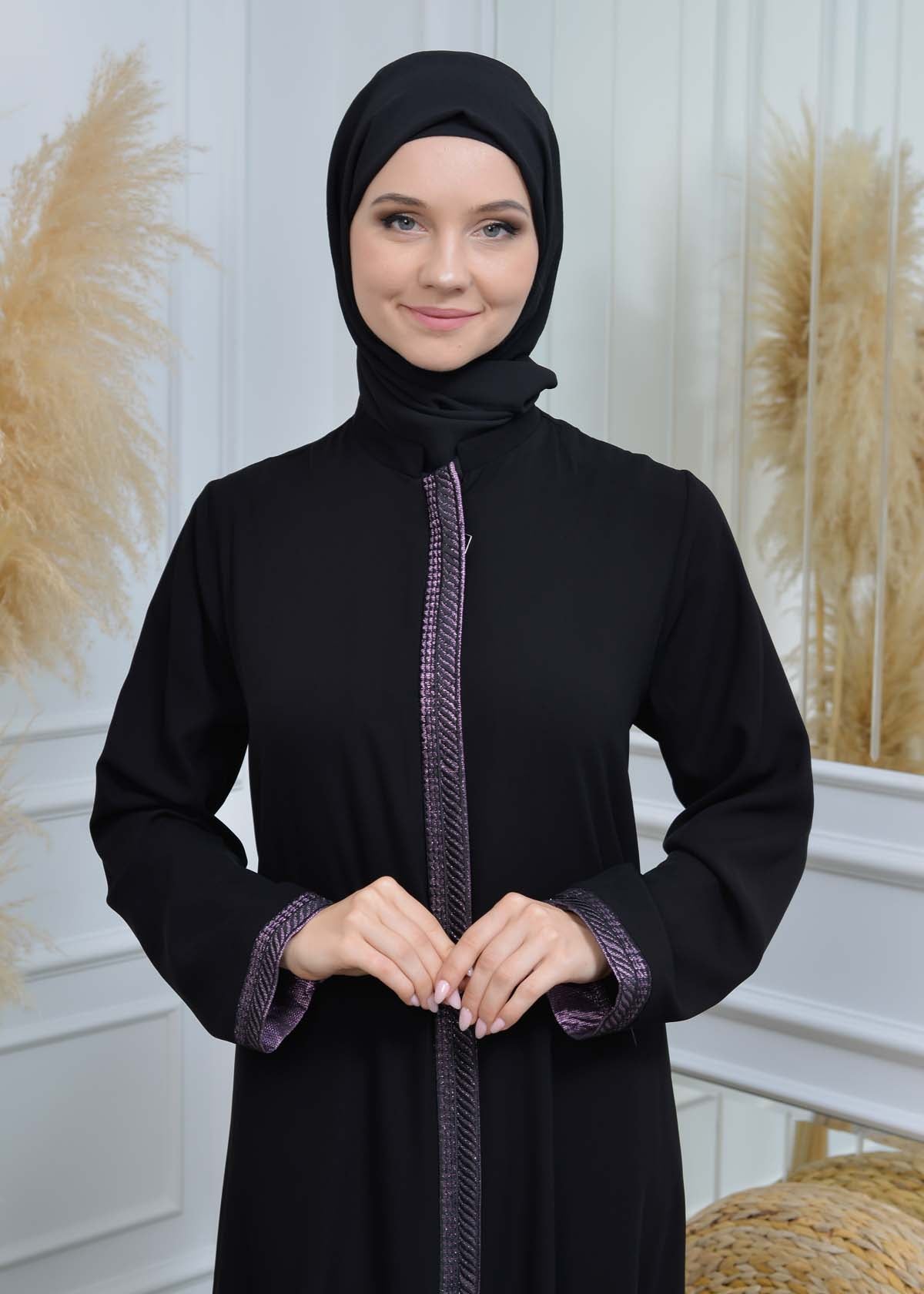 women Rounded Collar  Abaya of Rose Rise fabric 561 - Lila