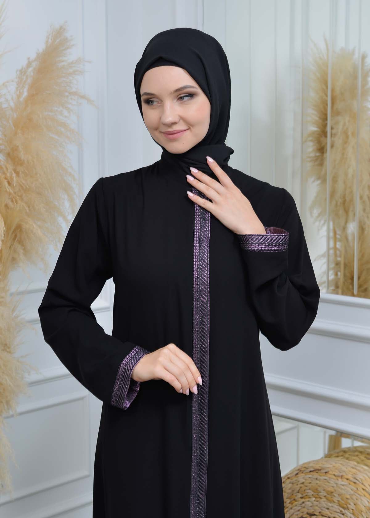 women Rounded Collar  Abaya of Rose Rise fabric 561 - Lila