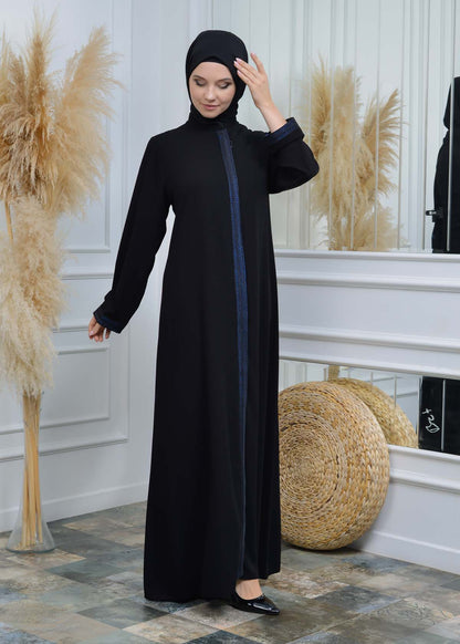 women Rounded Collar  Abaya of Rose Rise fabric 561 - Türkis