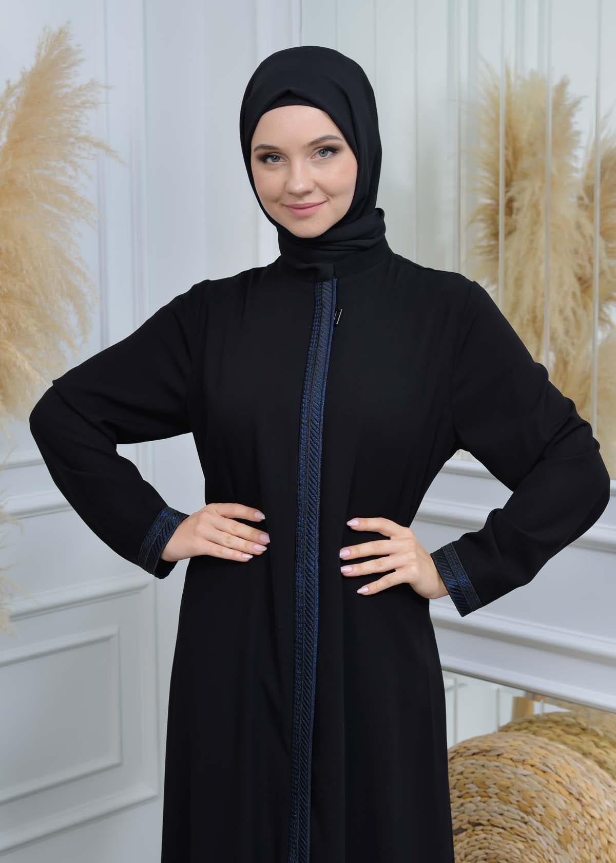 women Rounded Collar  Abaya of Rose Rise fabric 561 - Türkis