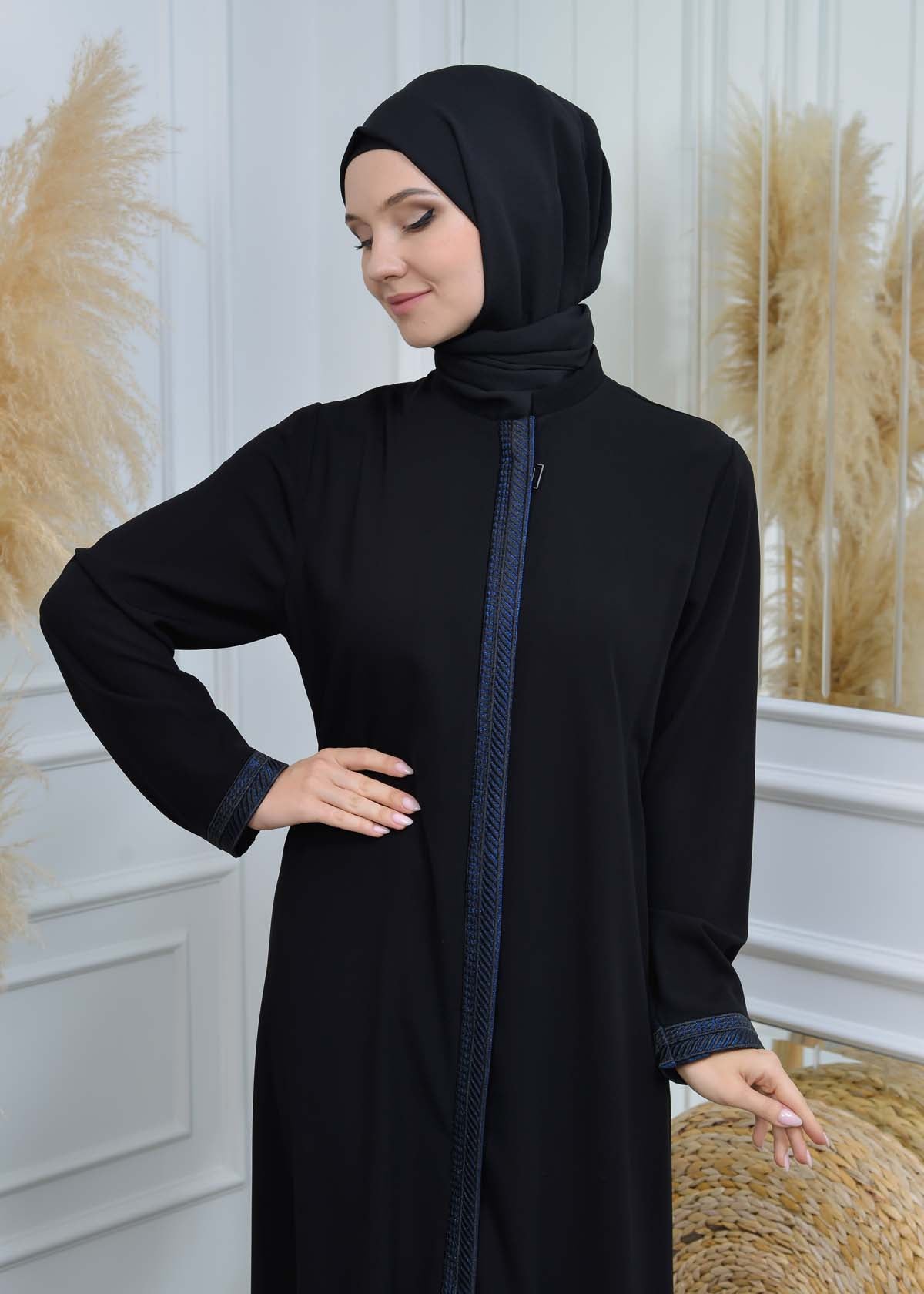 women Rounded Collar  Abaya of Rose Rise fabric 561 - Türkis
