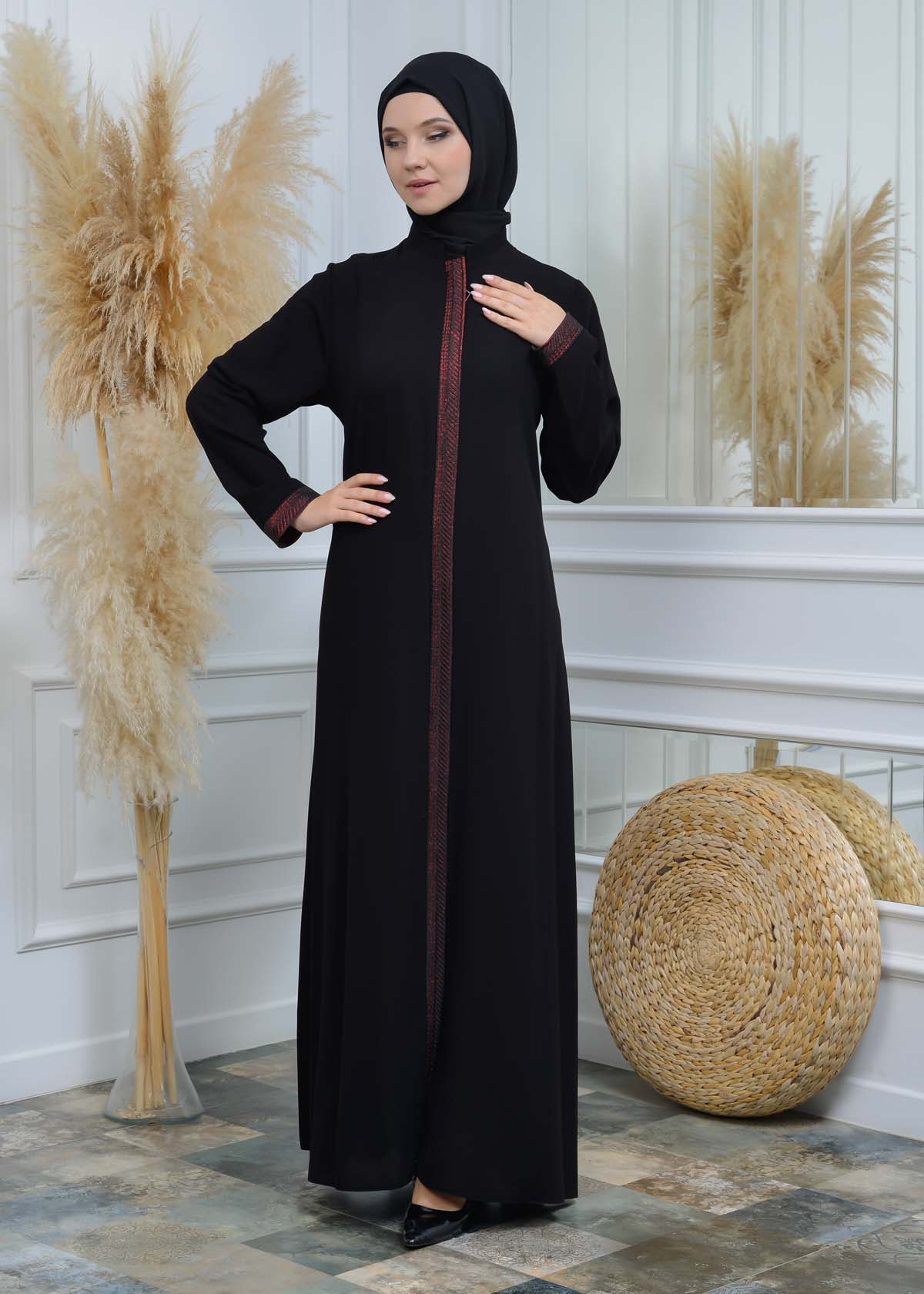women Rounded Collar  Abaya of Rose Rise fabric 561 - Rot