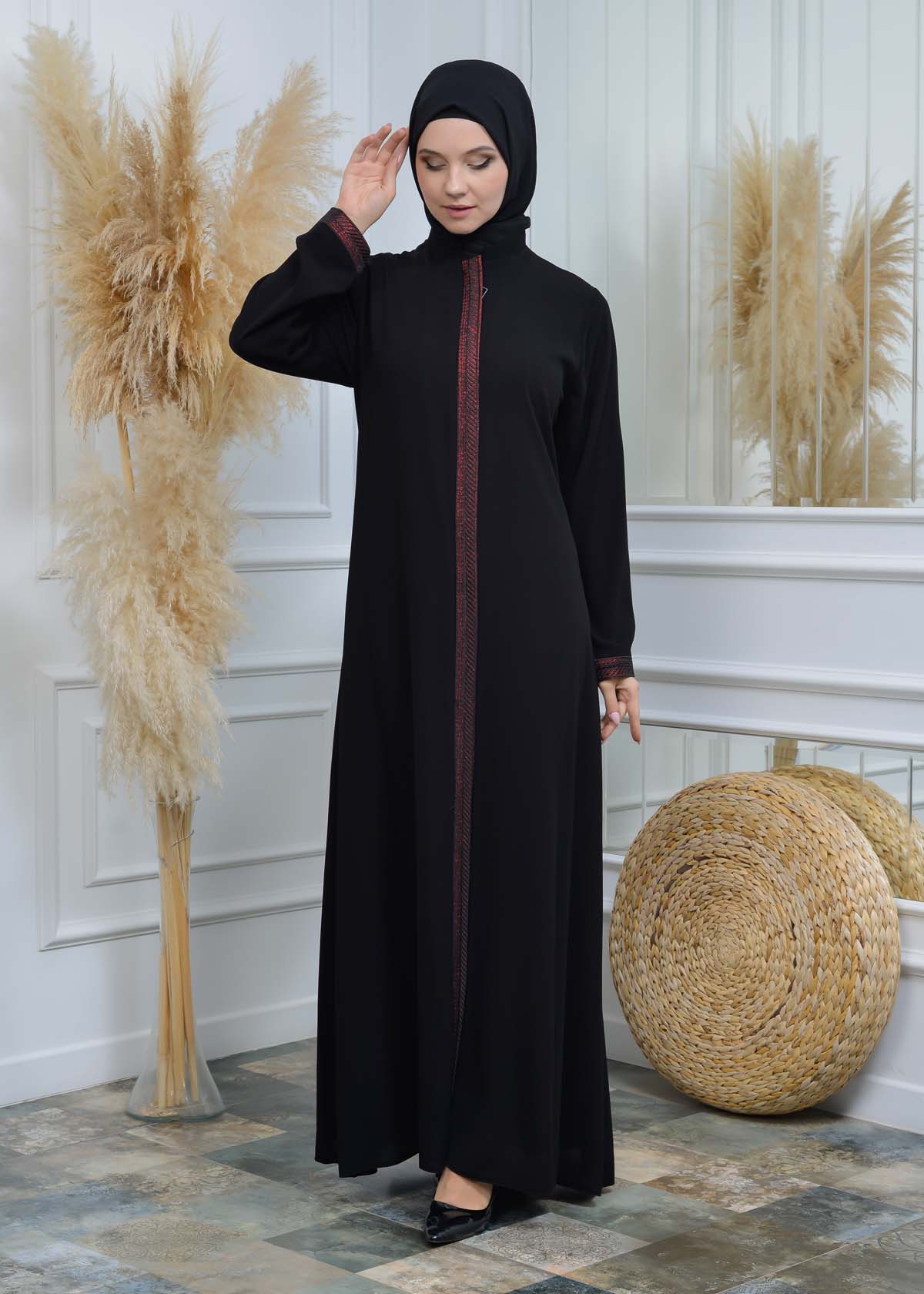 women Rounded Collar  Abaya of Rose Rise fabric 561 - Rot