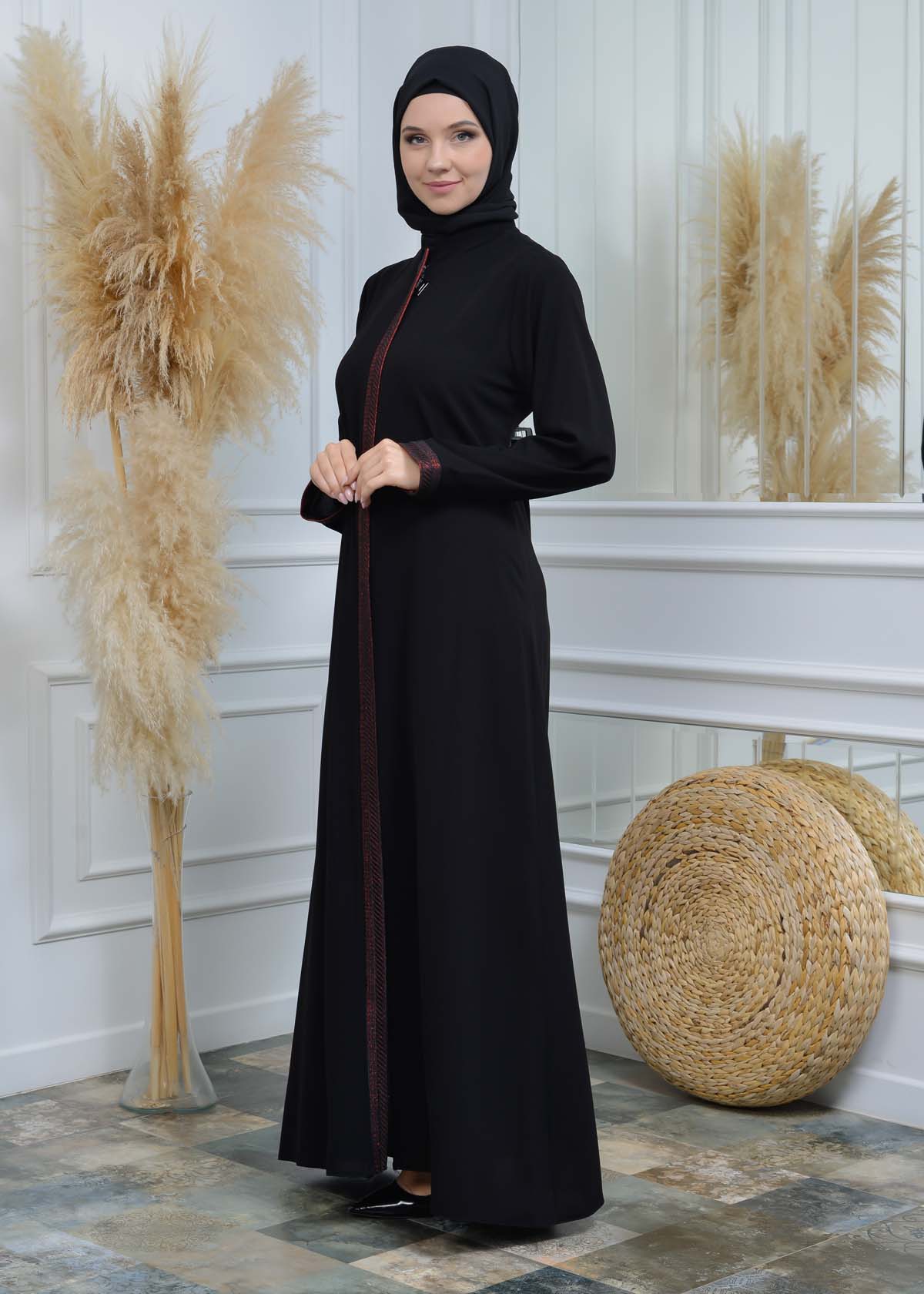 women Rounded Collar  Abaya of Rose Rise fabric 561 - Rot