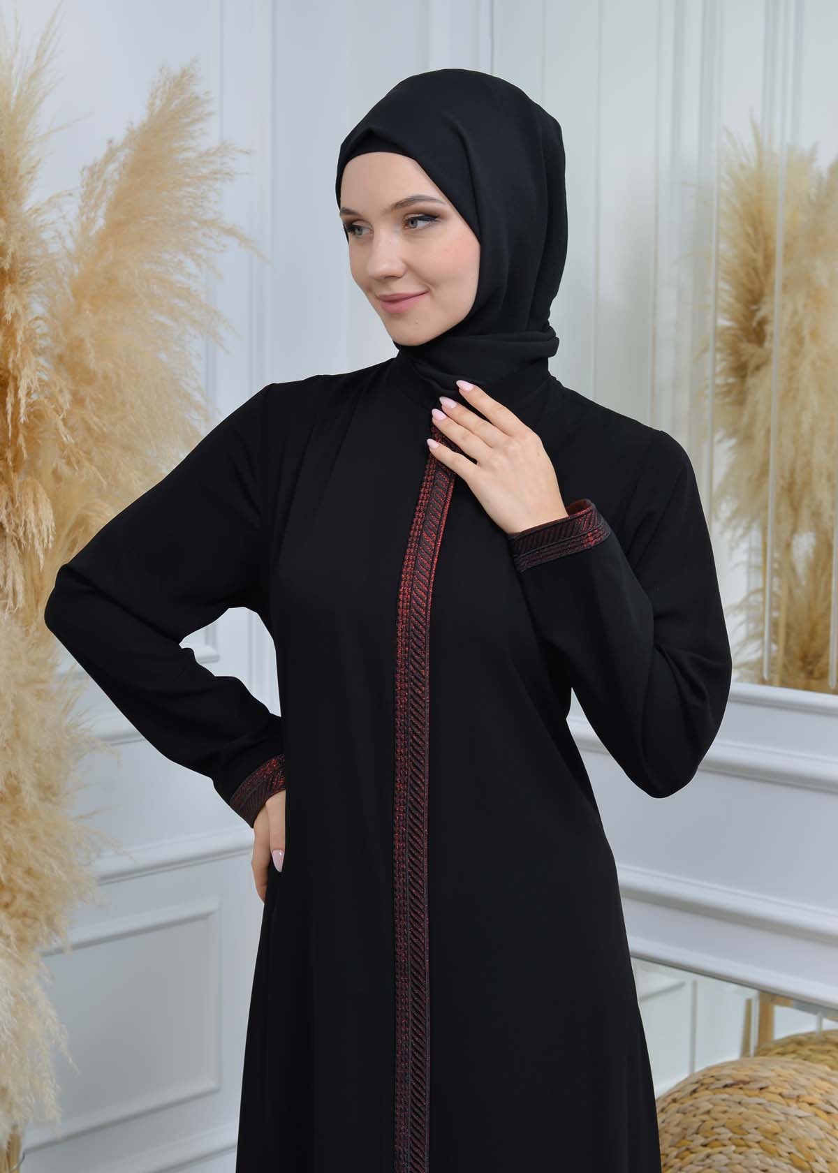 women Rounded Collar  Abaya of Rose Rise fabric 561 - Rot