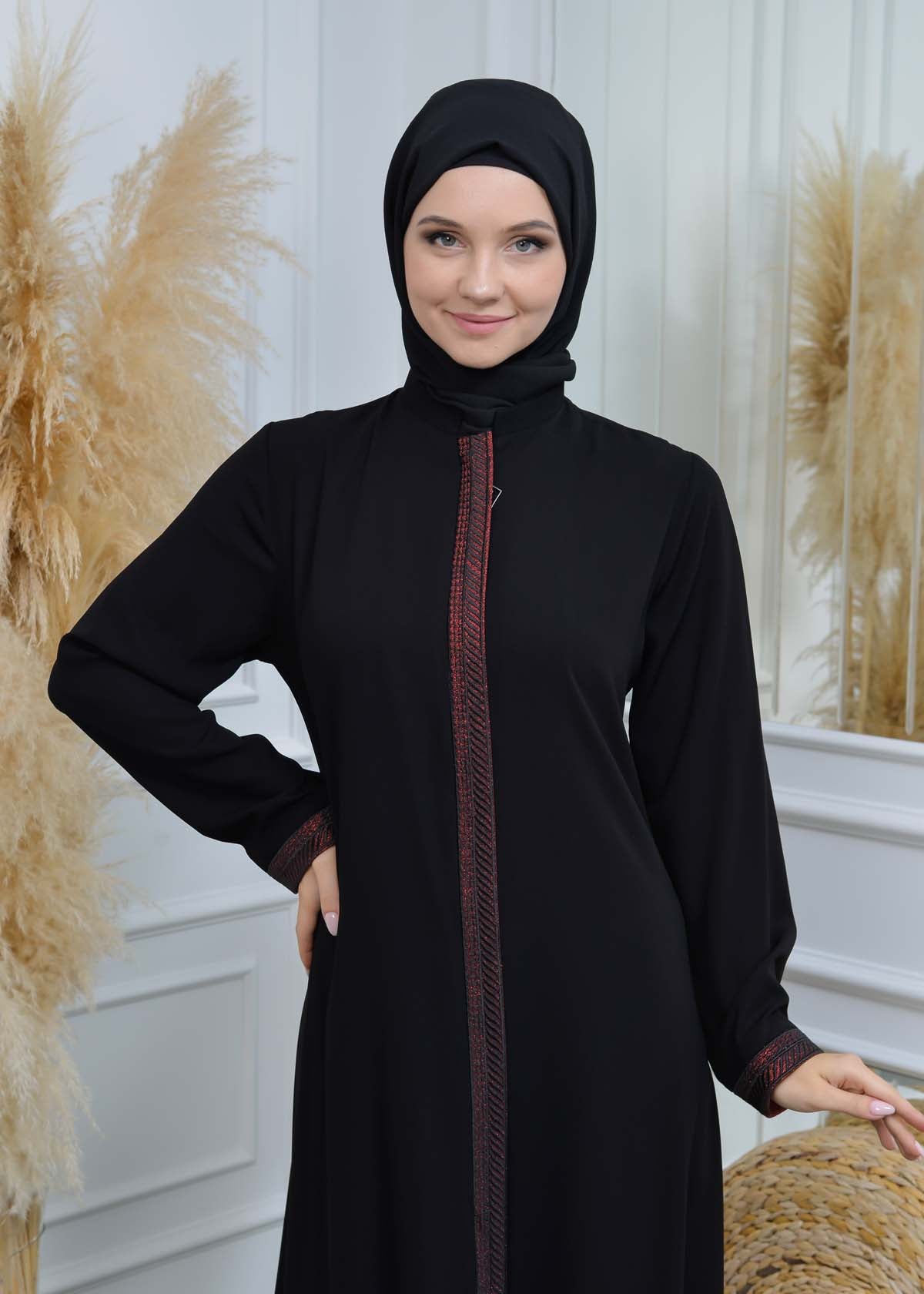 women Rounded Collar  Abaya of Rose Rise fabric 561 - Rot
