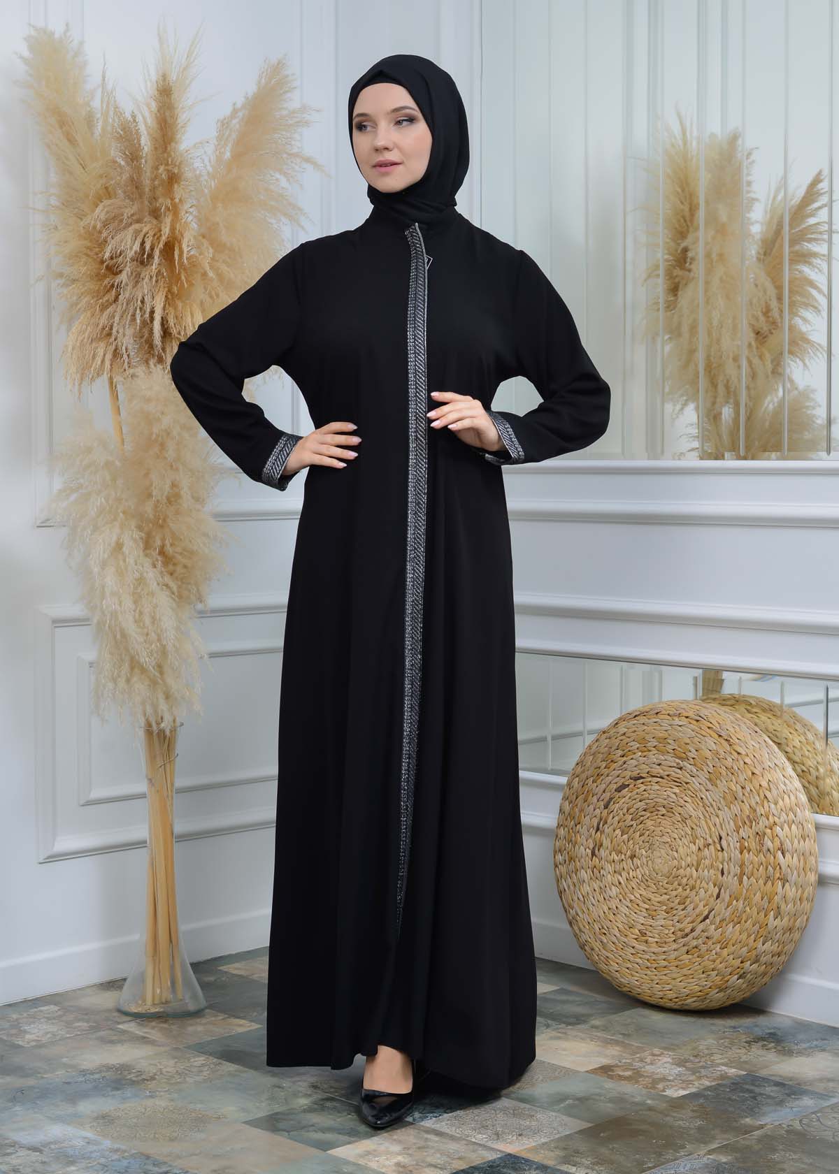 women Rounded Collar  Abaya of Rose Rise fabric 561 - Grau