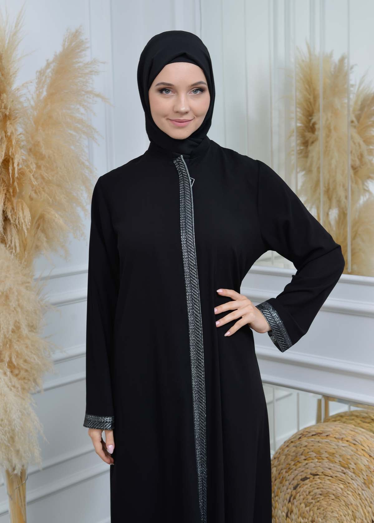 women Rounded Collar  Abaya of Rose Rise fabric 561 - Grau