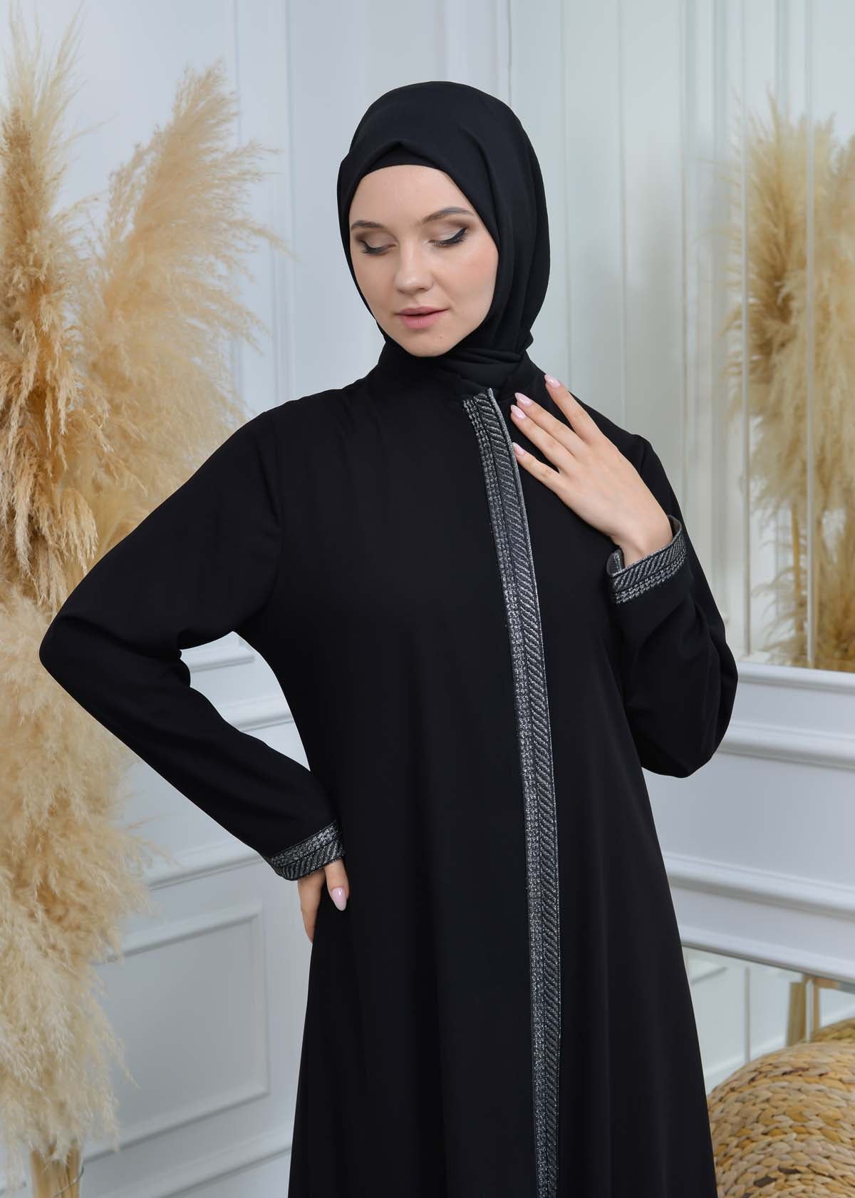 women Rounded Collar  Abaya of Rose Rise fabric 561 - Grau