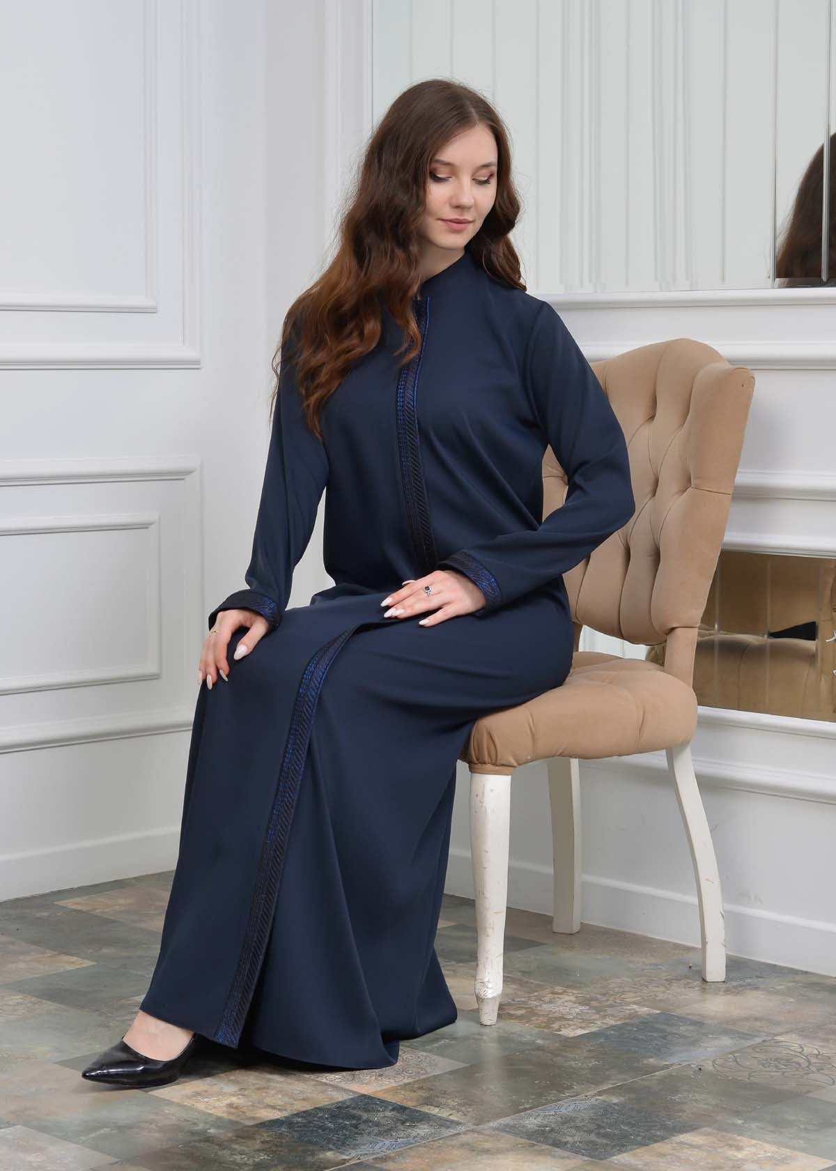 women Rounded Collar  Abaya of Rose Rise fabric 561 - Dunkelblau