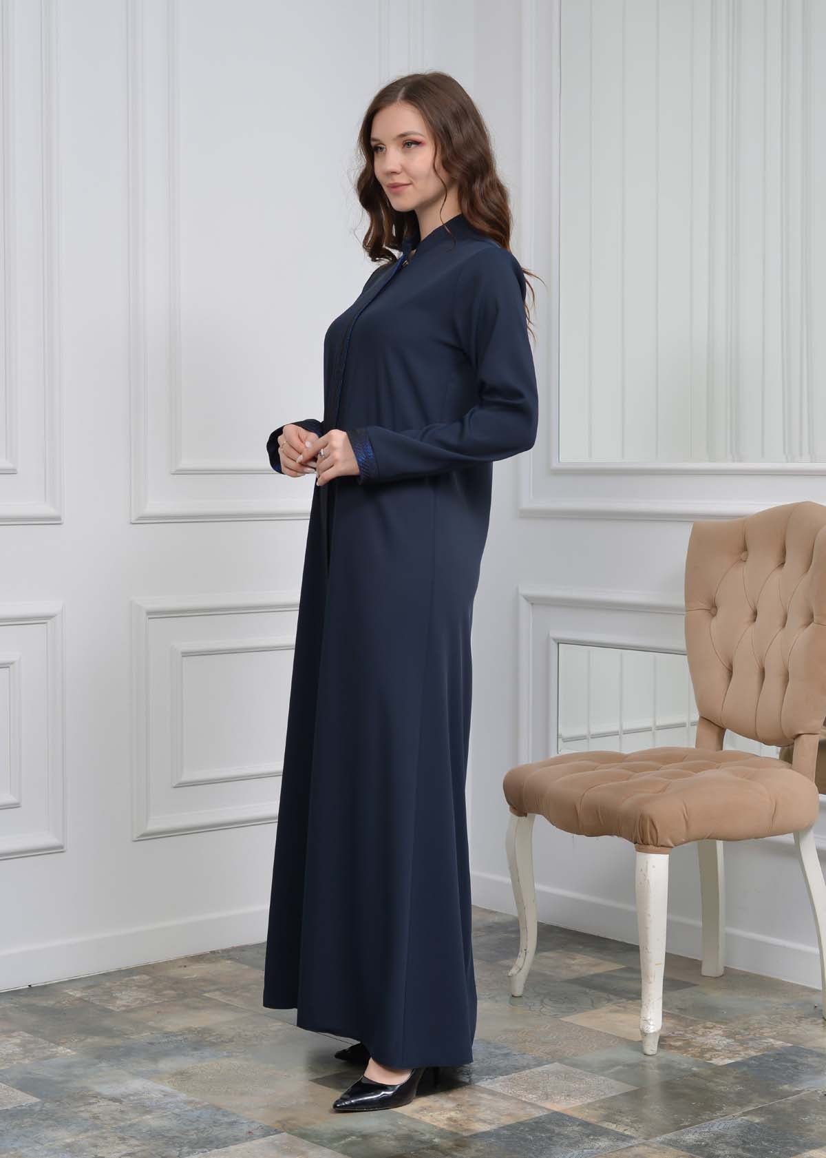 women Rounded Collar  Abaya of Rose Rise fabric 561 - Dunkelblau