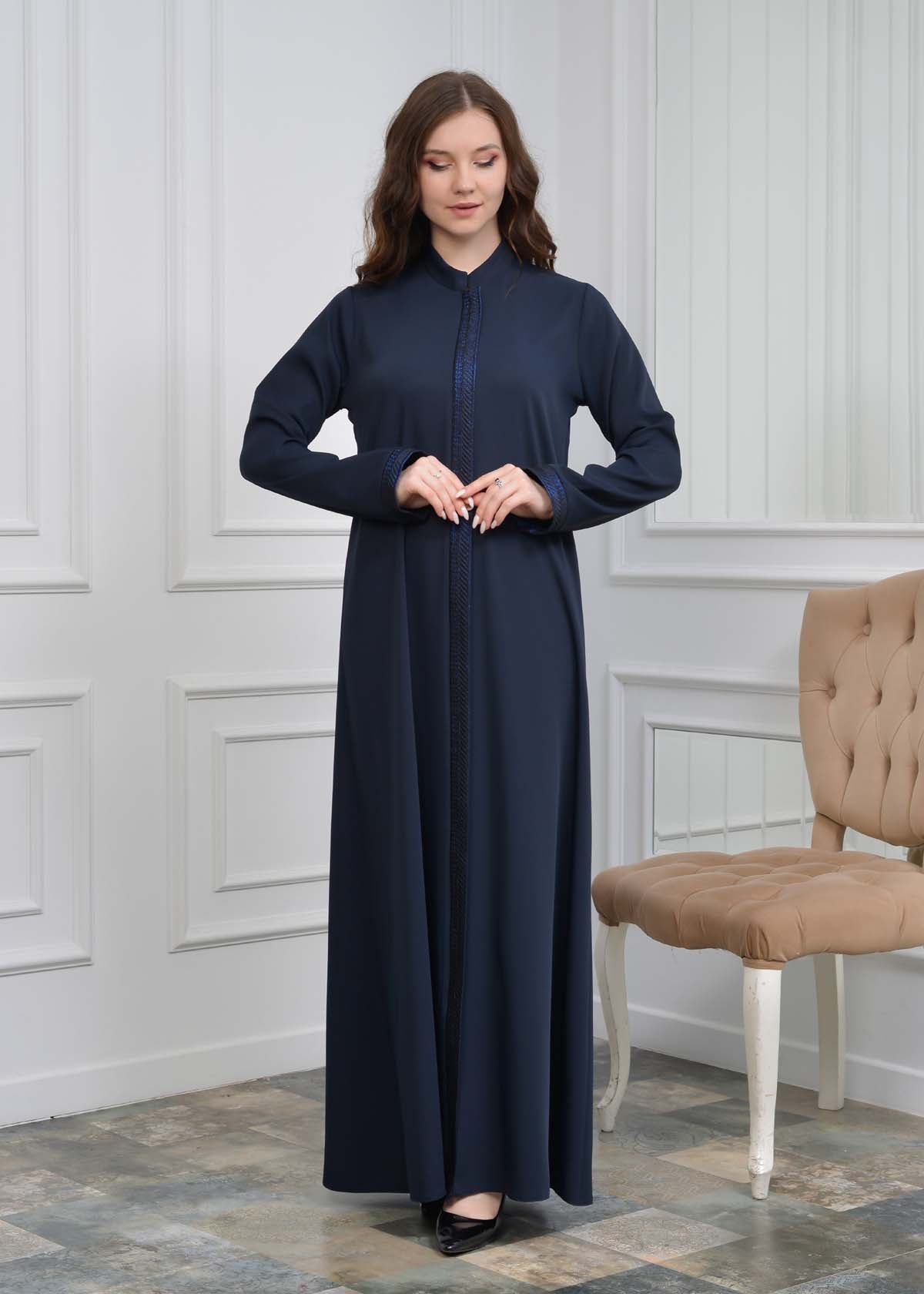 women Rounded Collar  Abaya of Rose Rise fabric 561 - Dunkelblau