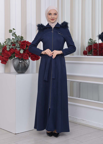 Langer Wildledermantel mit abnehmbarer Pelzkapuze 1333 - Dunkelblau