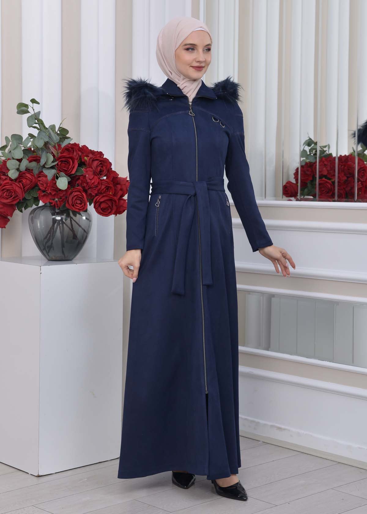 Langer Wildledermantel mit abnehmbarer Pelzkapuze 1333 - Dunkelblau