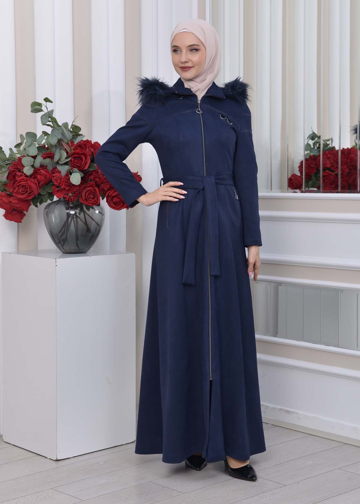 Langer Wildledermantel mit abnehmbarer Pelzkapuze 1333 - Dunkelblau