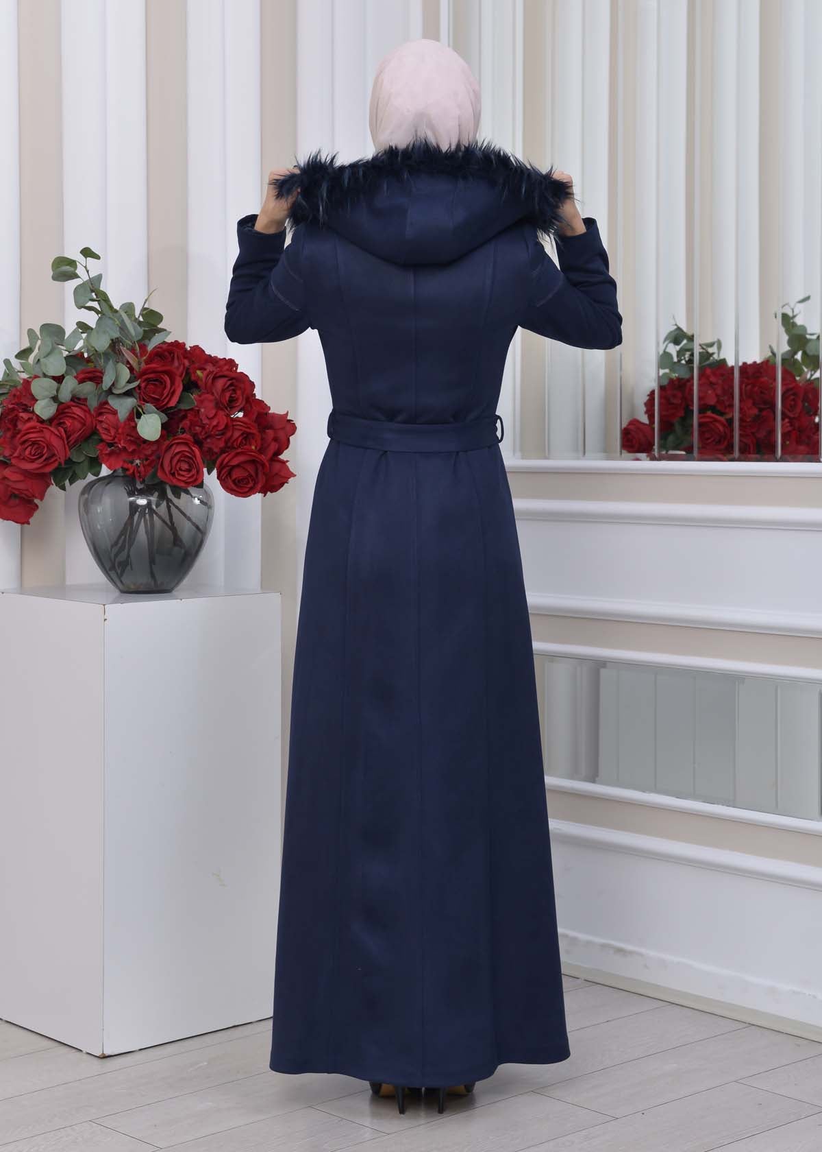 Langer Wildledermantel mit abnehmbarer Pelzkapuze 1333 - Dunkelblau