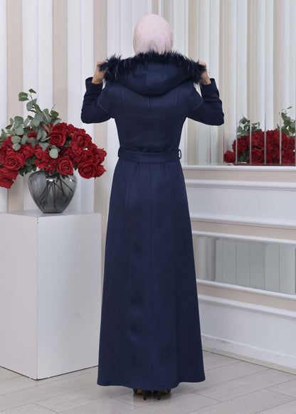 Langer Wildledermantel mit abnehmbarer Pelzkapuze 1333 - Dunkelblau