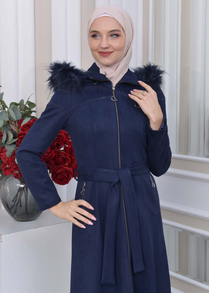 Langer Wildledermantel mit abnehmbarer Pelzkapuze 1333 - Dunkelblau