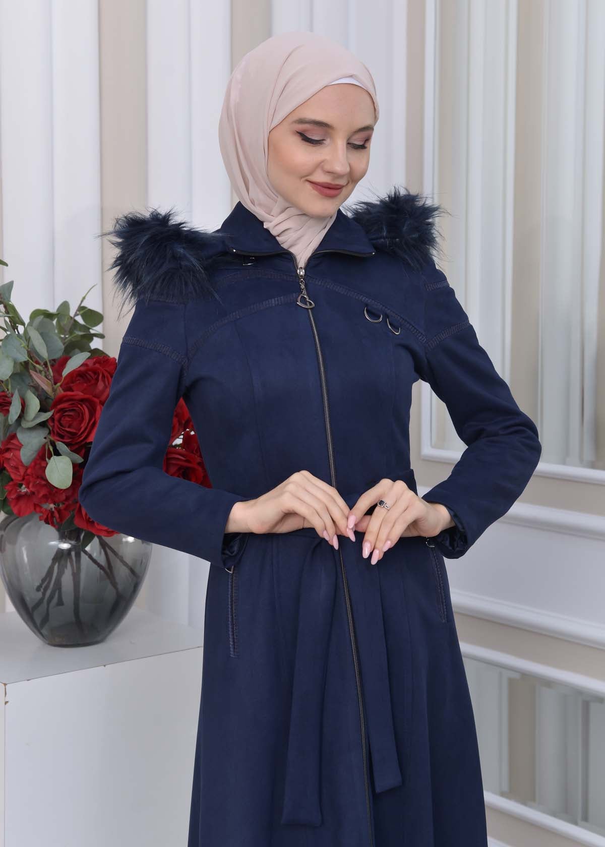 Langer Wildledermantel mit abnehmbarer Pelzkapuze 1333 - Dunkelblau