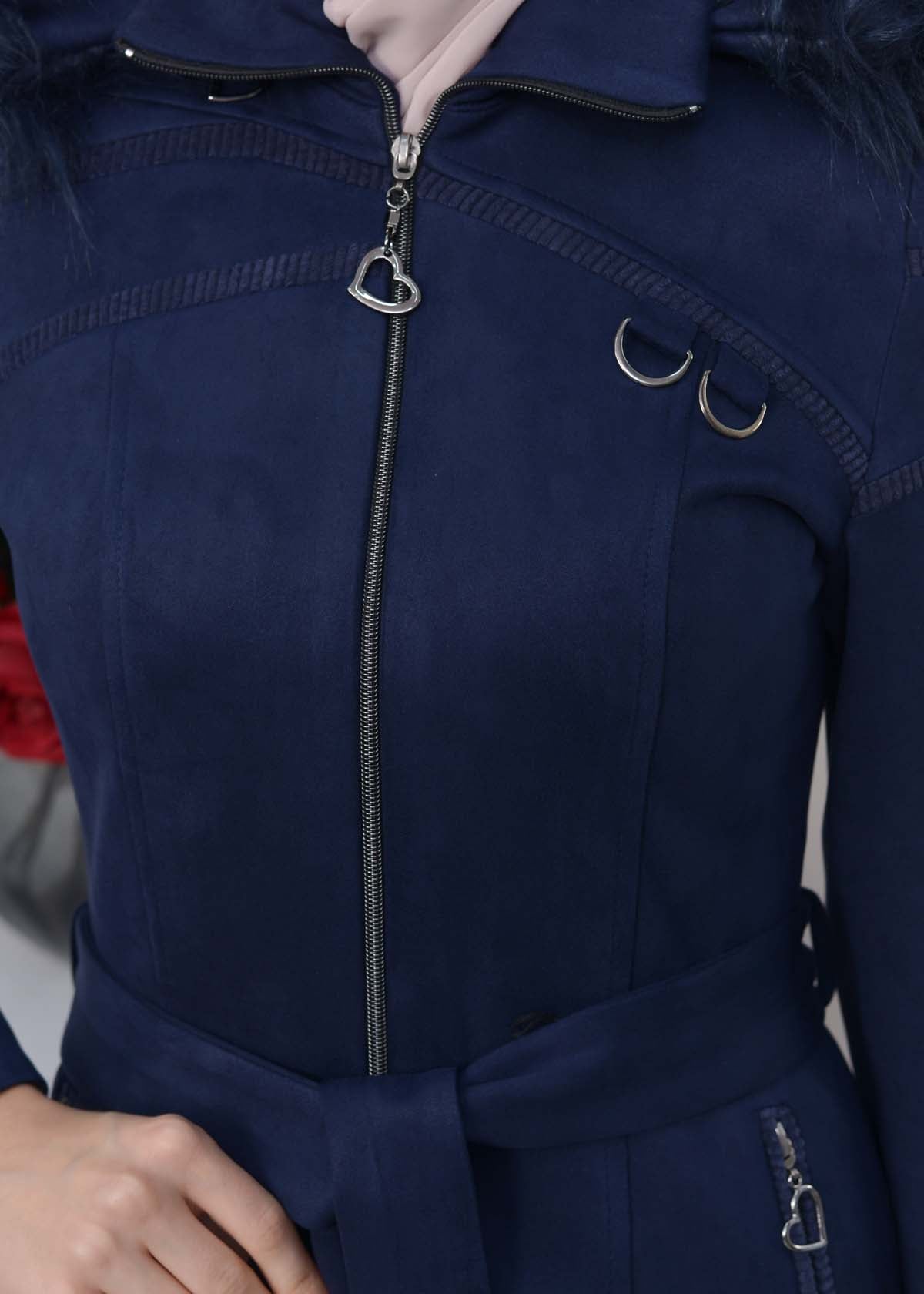 Langer Wildledermantel mit abnehmbarer Pelzkapuze 1333 - Dunkelblau