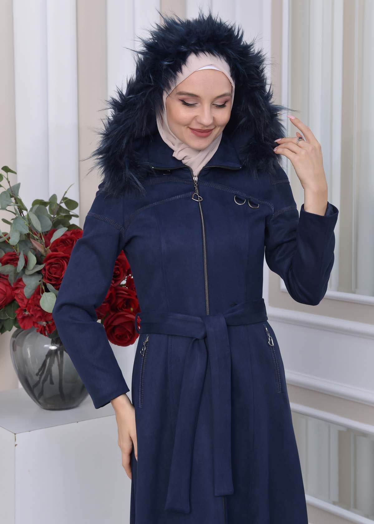 Langer Wildledermantel mit abnehmbarer Pelzkapuze 1333 - Dunkelblau