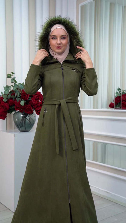 Langer Wildledermantel mit abnehmbarer Pelzkapuze 1333 - Khaki