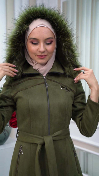 Langer Wildledermantel mit abnehmbarer Pelzkapuze 1333 - Khaki