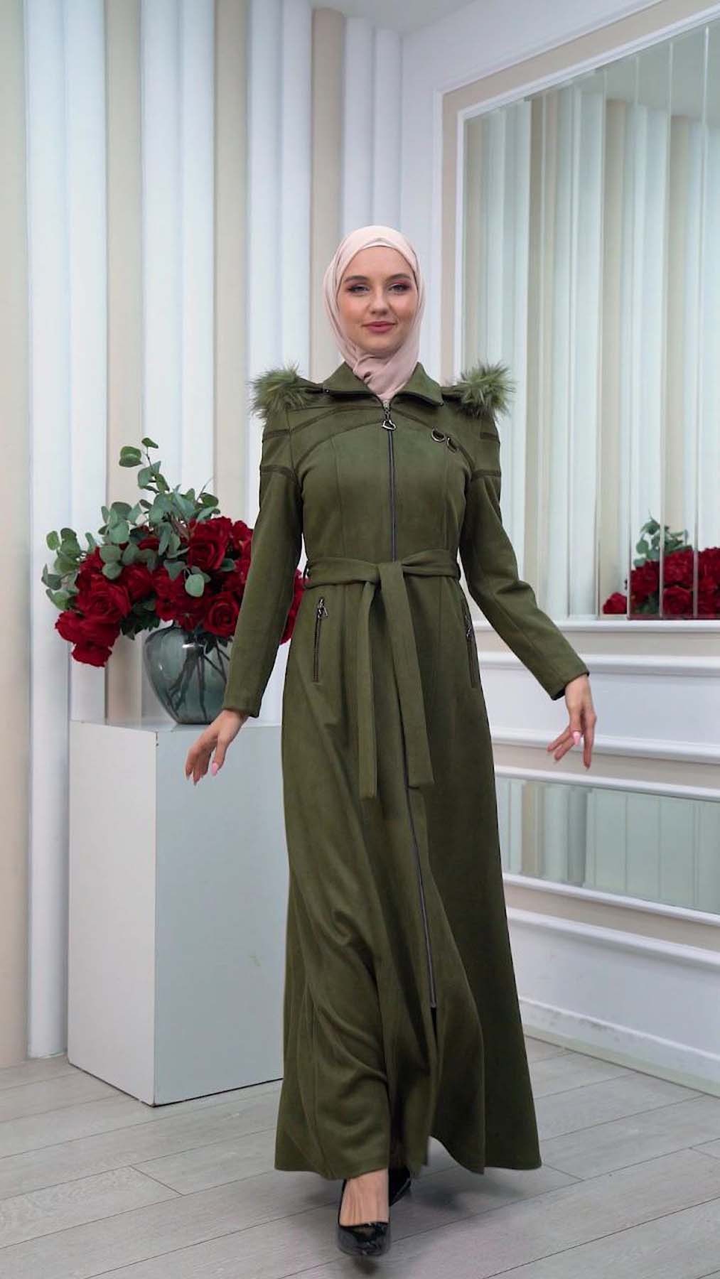 Langer Wildledermantel mit abnehmbarer Pelzkapuze 1333 - Khaki