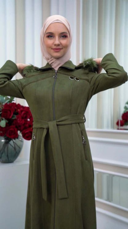 Langer Wildledermantel mit abnehmbarer Pelzkapuze 1333 - Khaki