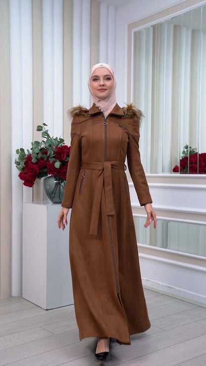 Langer Wildledermantel mit abnehmbarer Pelzkapuze 1333 - Braun