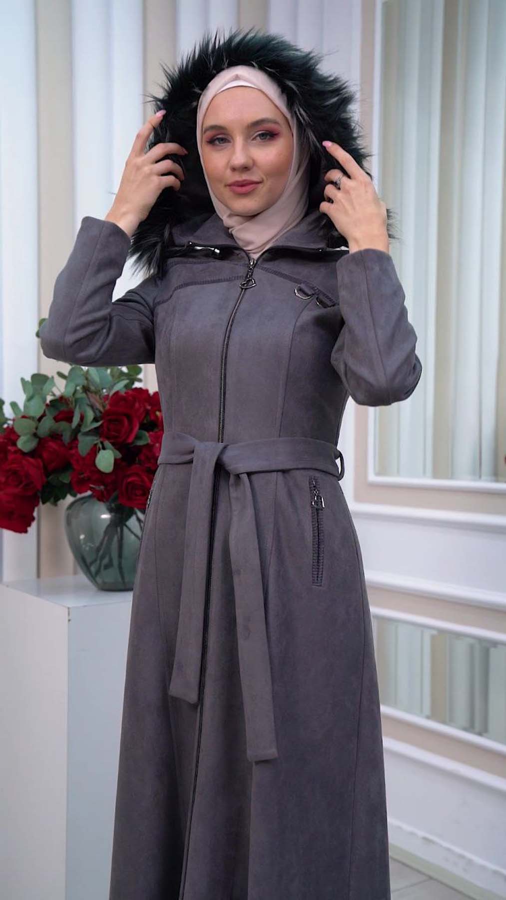 Langer Wildledermantel mit abnehmbarer Pelzkapuze 1333 - Anthrazit