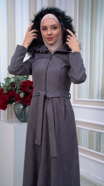 Langer Wildledermantel mit abnehmbarer Pelzkapuze 1333 - Anthrazit