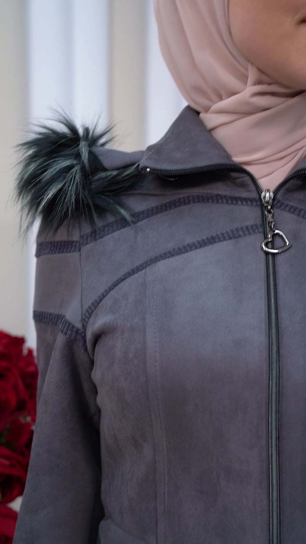 Langer Wildledermantel mit abnehmbarer Pelzkapuze 1333 - Anthrazit