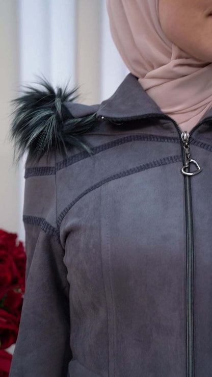 Langer Wildledermantel mit abnehmbarer Pelzkapuze 1333 - Anthrazit