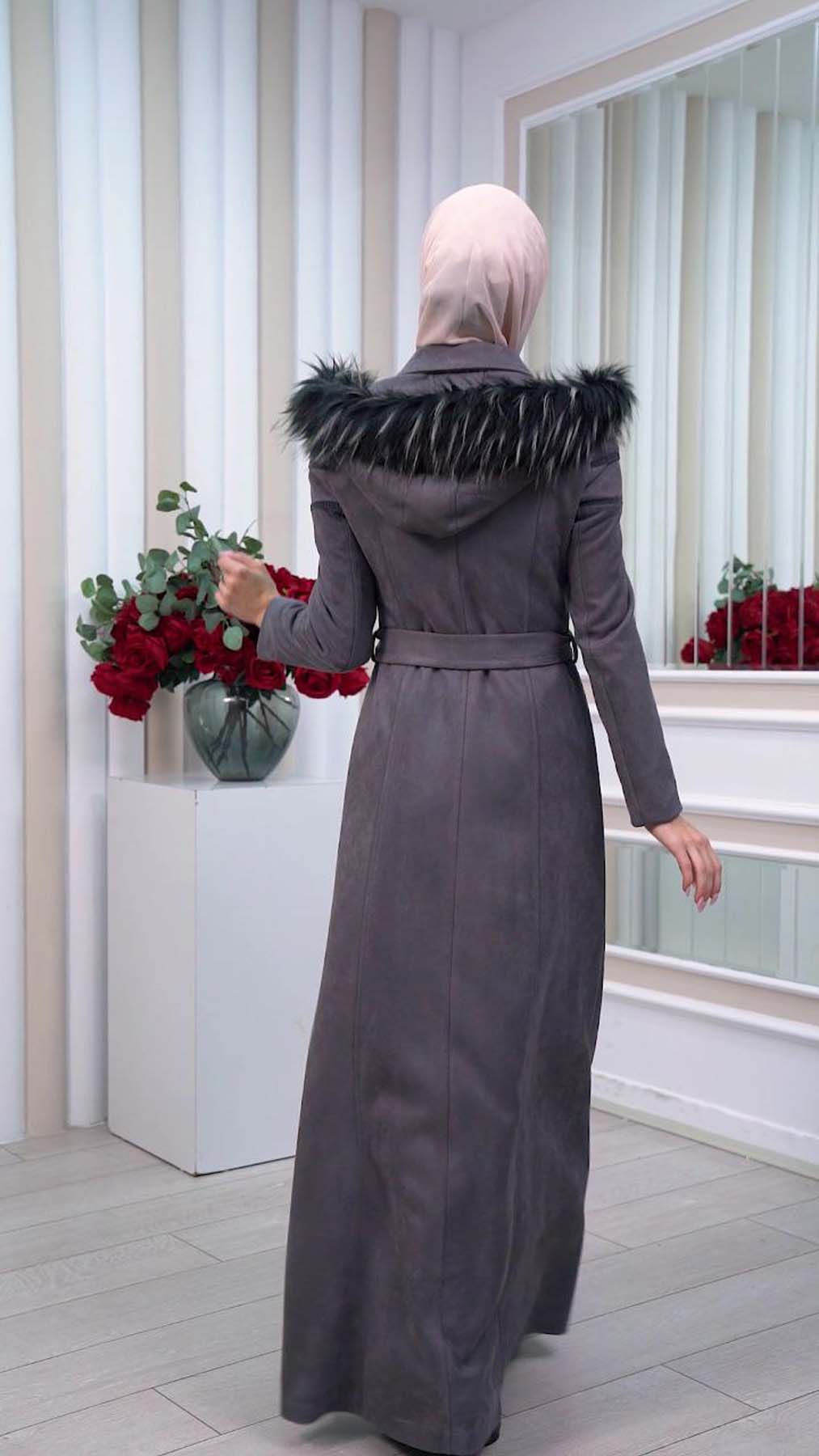 Langer Wildledermantel mit abnehmbarer Pelzkapuze 1333 - Anthrazit