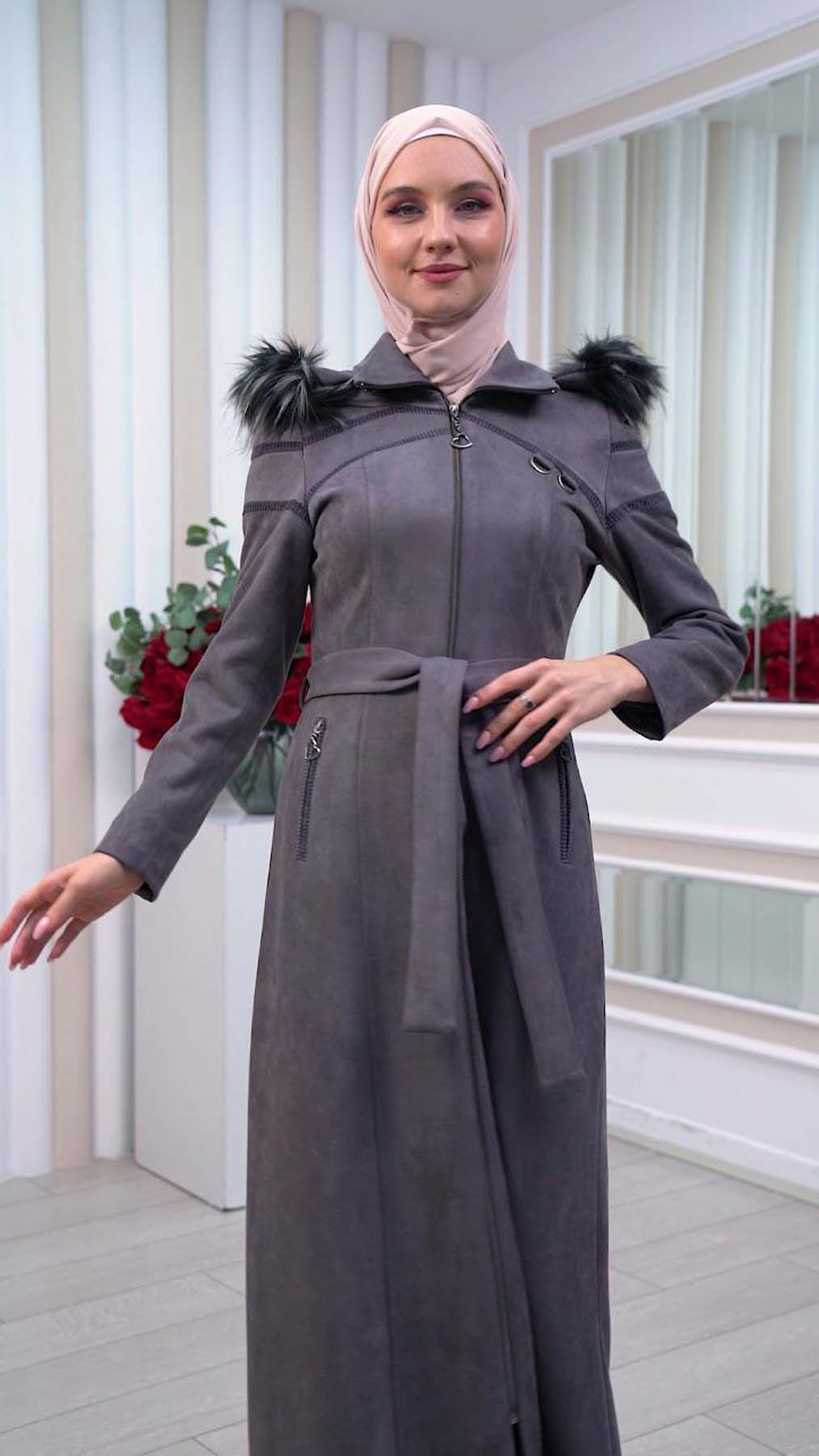 Langer Wildledermantel mit abnehmbarer Pelzkapuze 1333 - Anthrazit